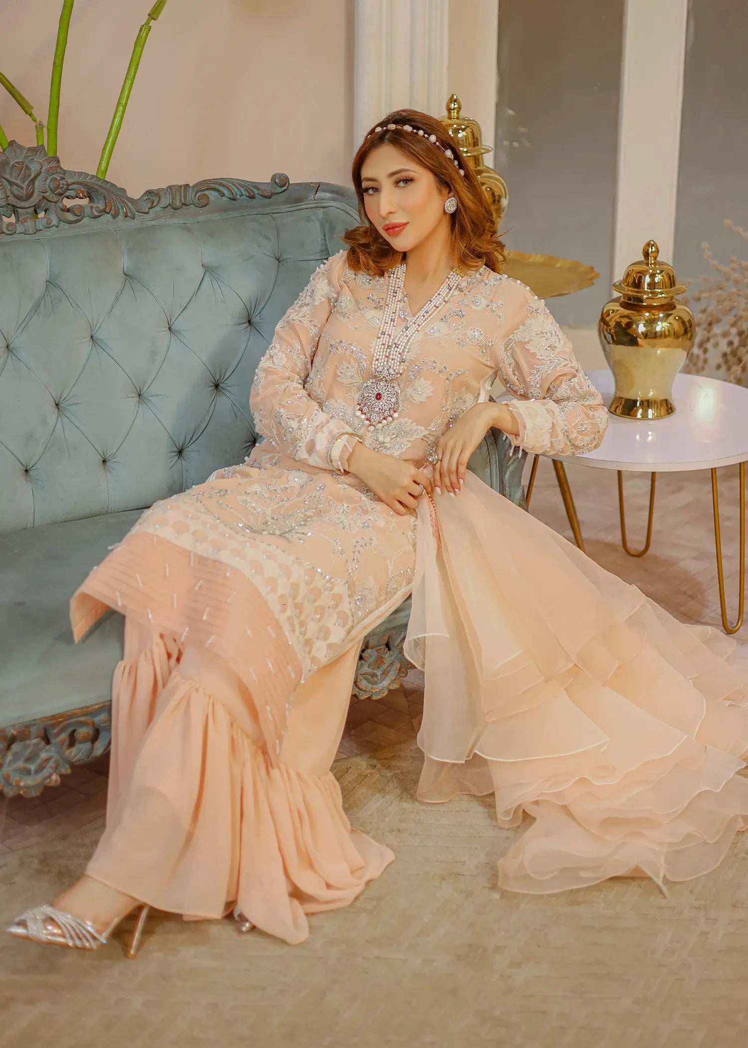 Pakistani Peach Embellished Georgette Gharara Set (3-Piece) - Image 5