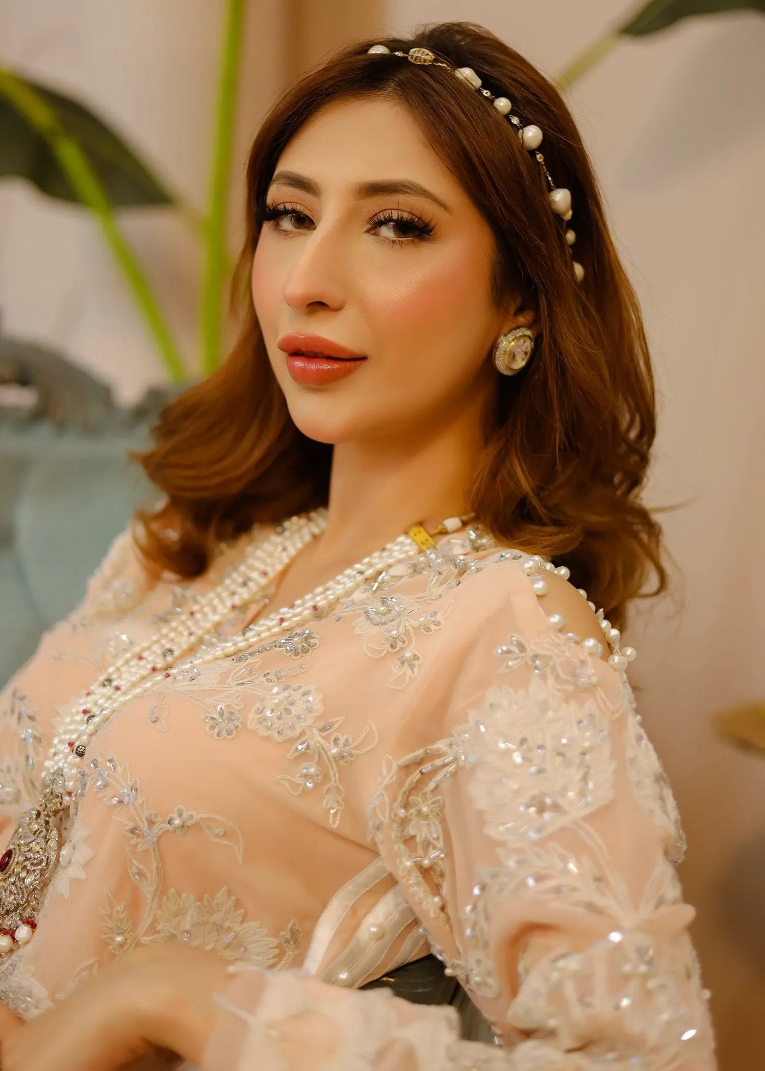 Pakistani Peach Embellished Georgette Gharara Set (3-Piece) - Image 6