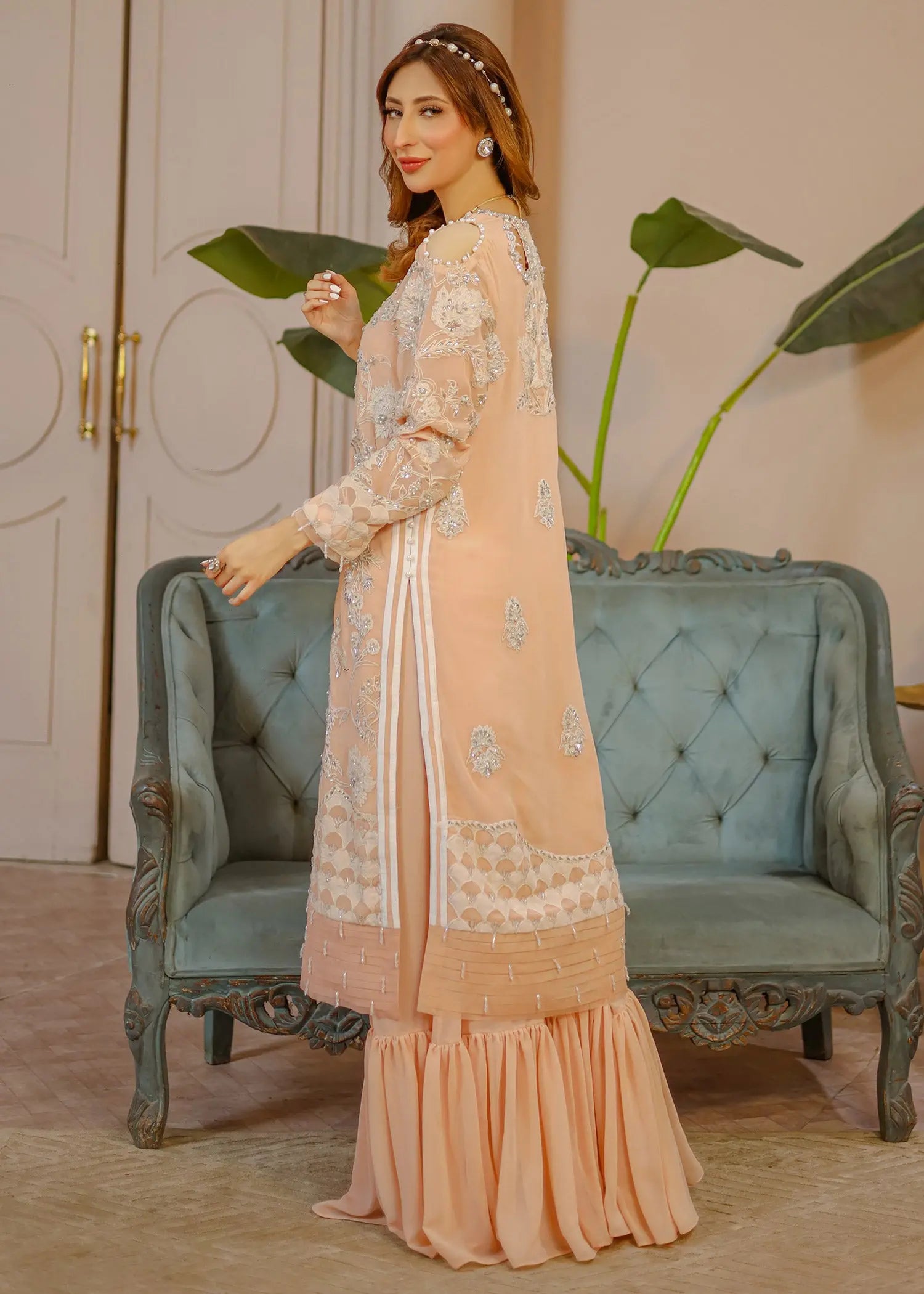 Pakistani Peach Embellished Georgette Gharara Set (3-Piece) - Image 7