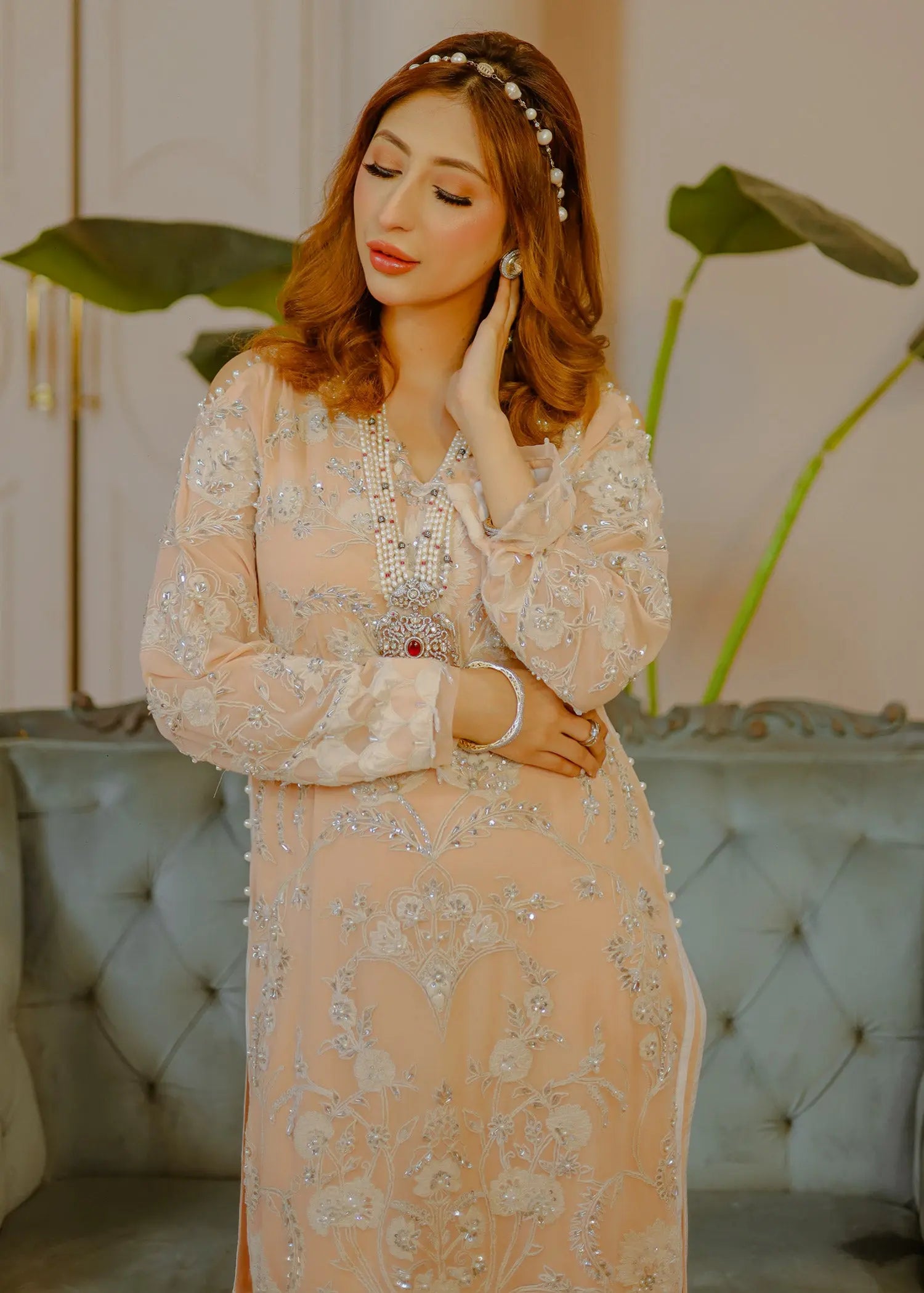 Pakistani Peach Embellished Georgette Gharara Set (3-Piece) - Image 9