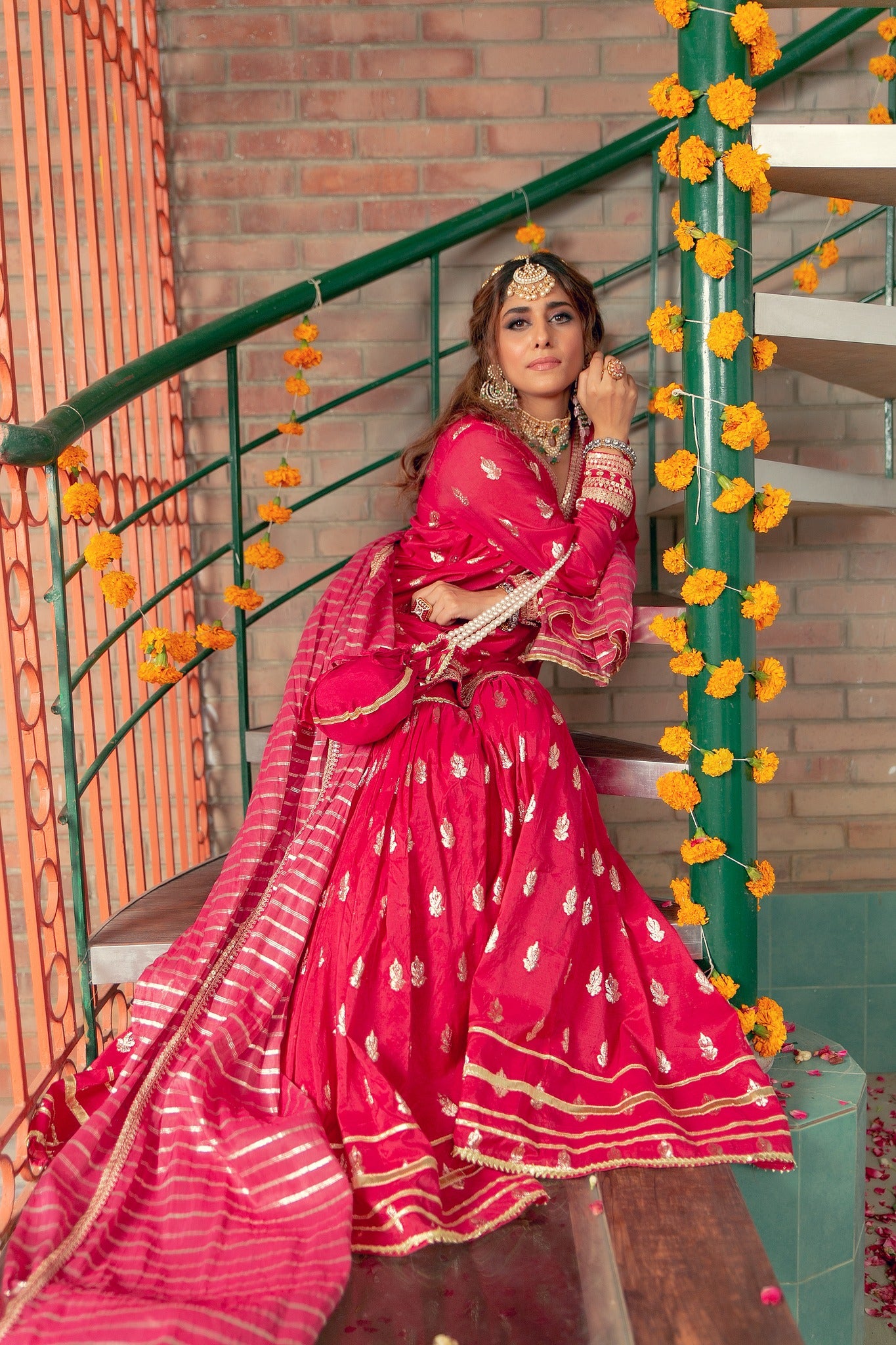 Deep Pink Embroidered Karandi Lawn Nawabi Gharara (3-Piece) - Image 1