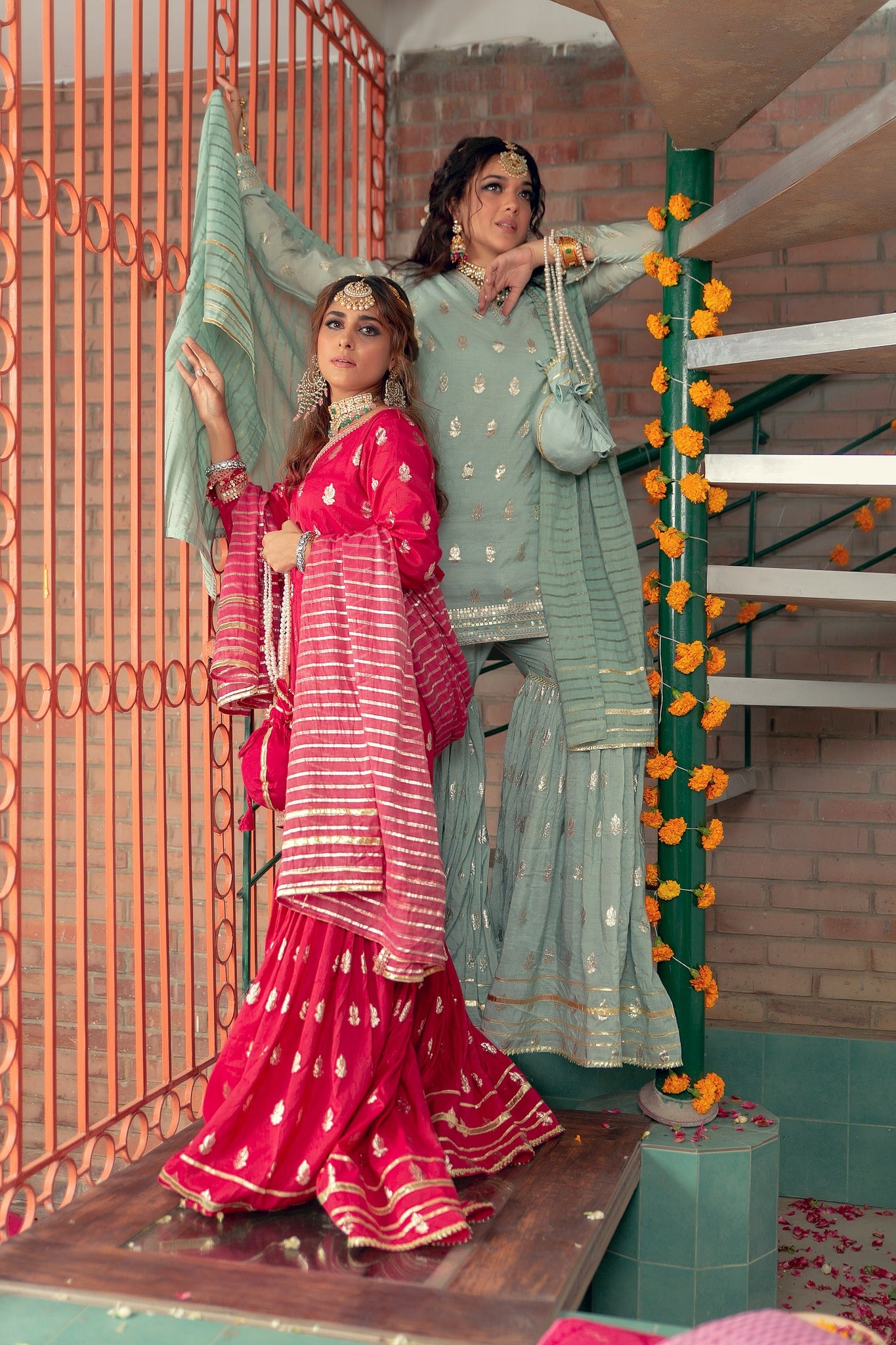 Deep Pink Embroidered Karandi Lawn Nawabi Gharara (3-Piece) - Image 11