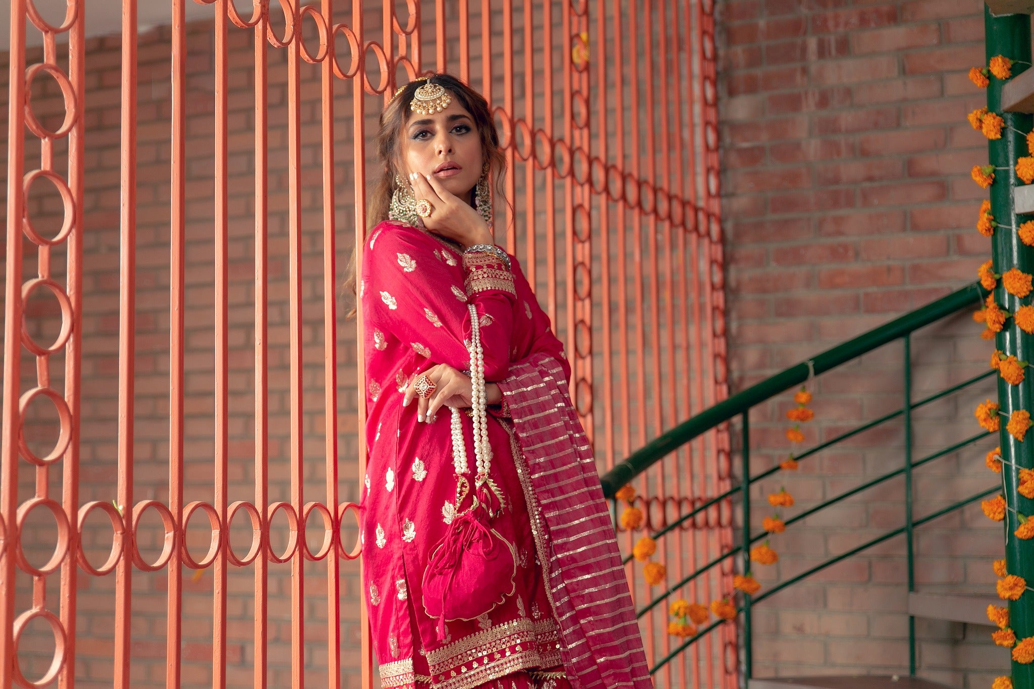 Deep Pink Embroidered Karandi Lawn Nawabi Gharara (3-Piece) - Image 3