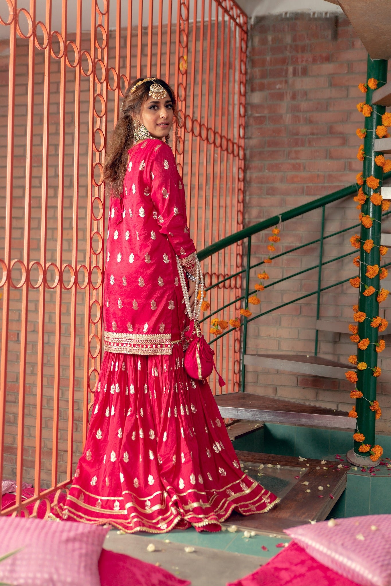 Deep Pink Embroidered Karandi Lawn Nawabi Gharara (3-Piece) - Image 5