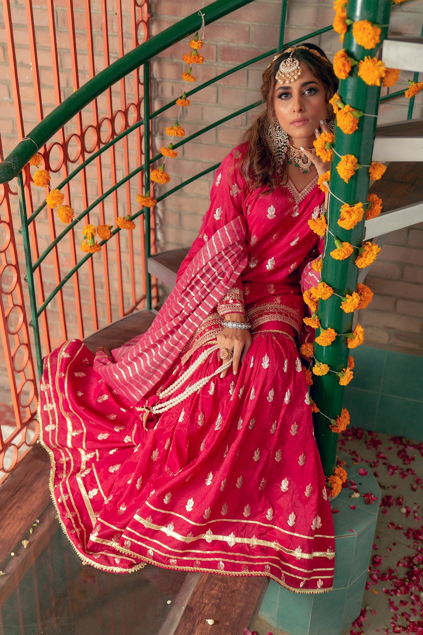 Deep Pink Embroidered Karandi Lawn Nawabi Gharara (3-Piece) - Image 6
