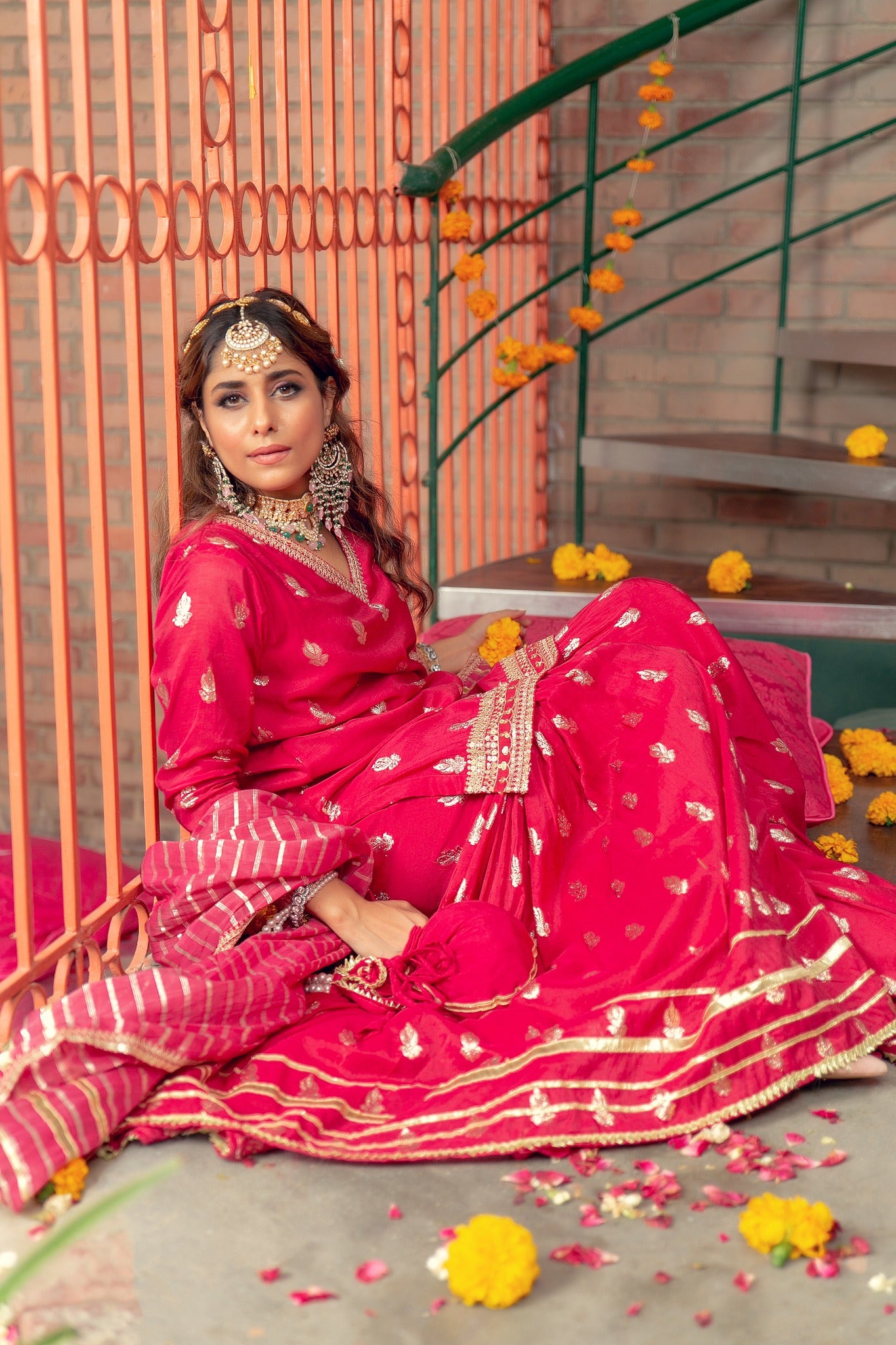 Deep Pink Embroidered Karandi Lawn Nawabi Gharara (3-Piece) - Image 7