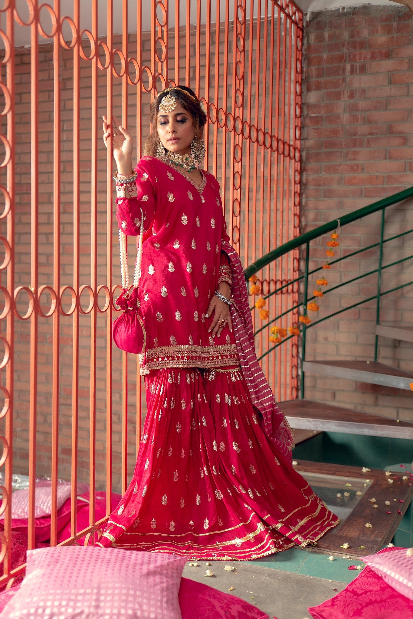 Deep Pink Embroidered Karandi Lawn Nawabi Gharara (3-Piece) - Image 8