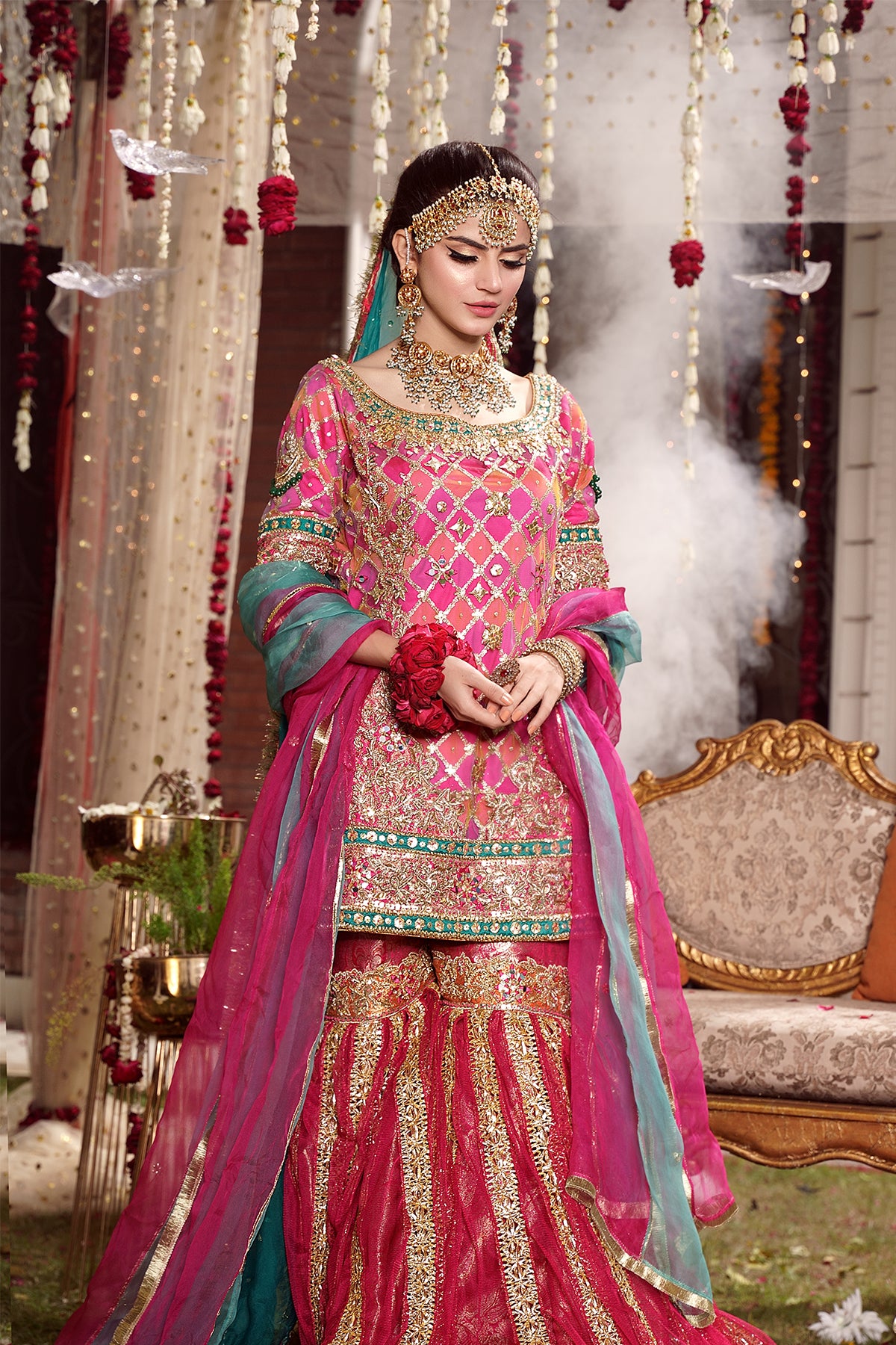 Hot Pink Hand-Painted Net Gharara Set (3-Piece) - Image 1