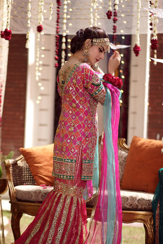 Hot Pink Hand-Painted Net Gharara Set (3-Piece) - Image 3