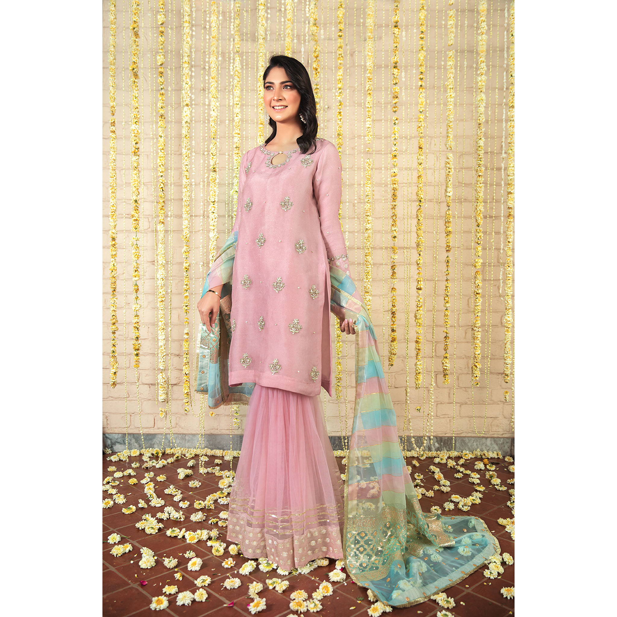 Pakistani Blush Lilac Embellished Self-Organza Gharara (3-Piece) - Image 1