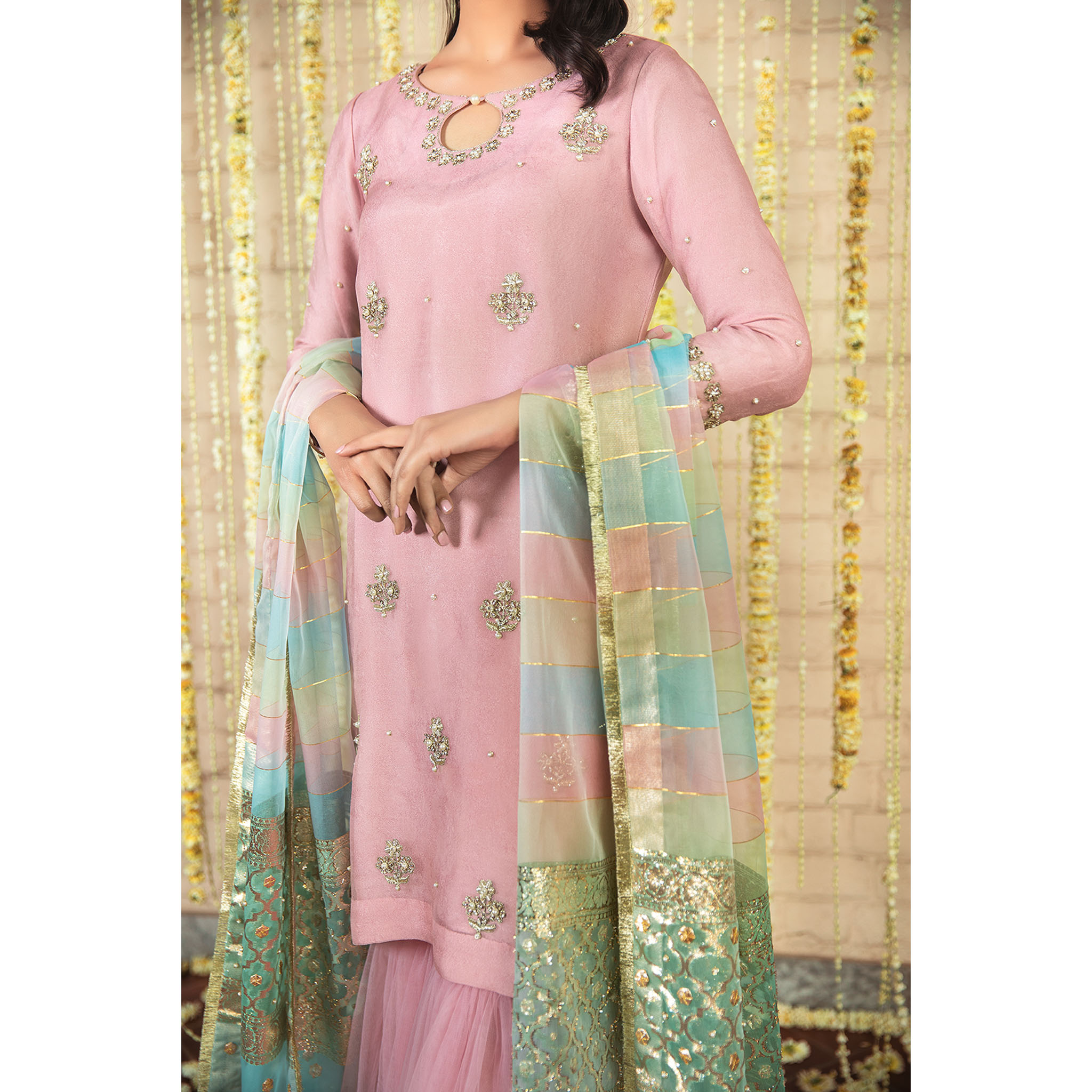 Pakistani Blush Lilac Embellished Self-Organza Gharara (3-Piece) - Image 3