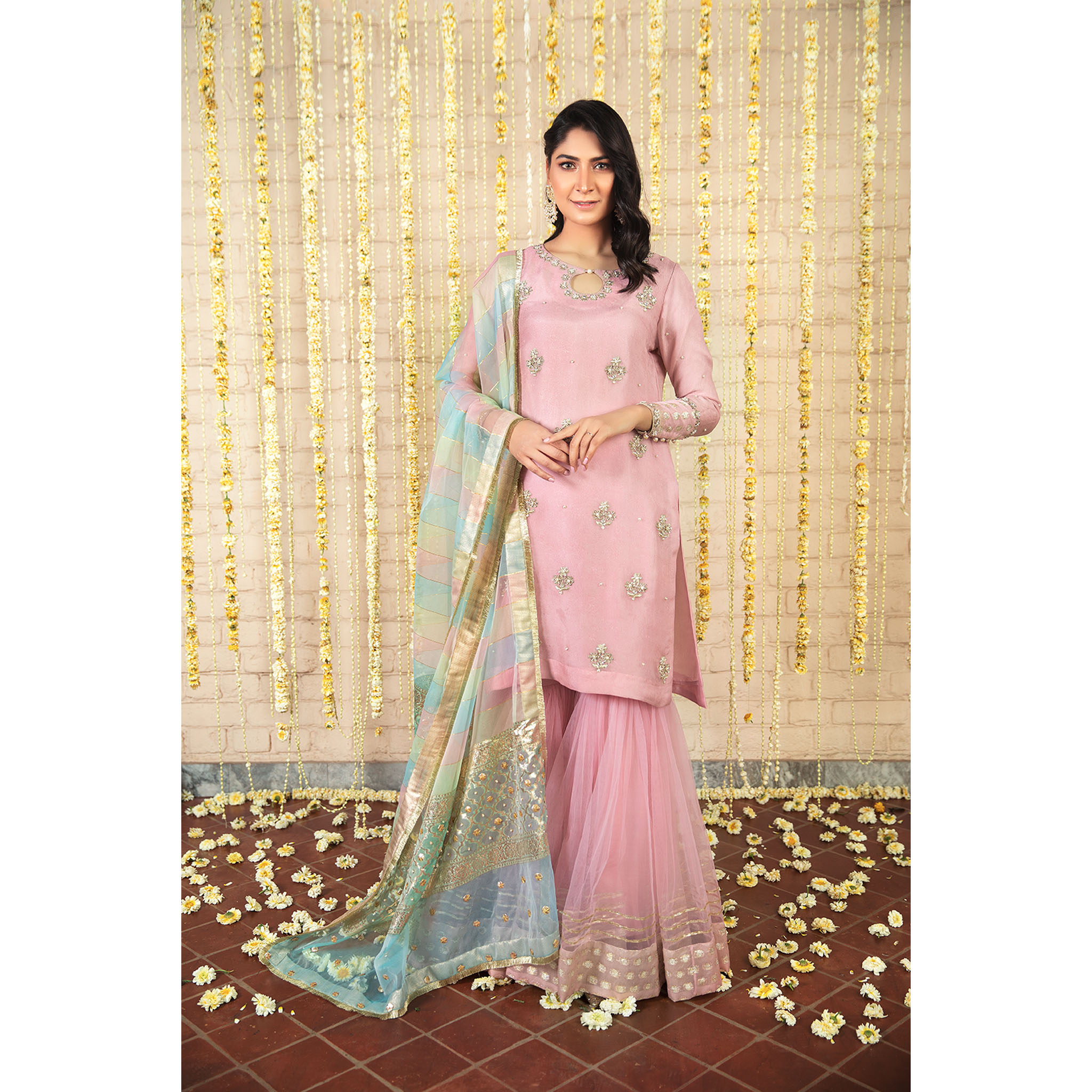 Pakistani Blush Lilac Embellished Self-Organza Gharara (3-Piece) - Image 6
