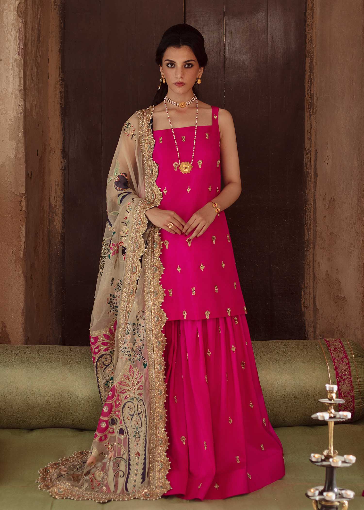 Shocking Pink Embroidered Raw Silk Gharara (3-Piece) - Image 1