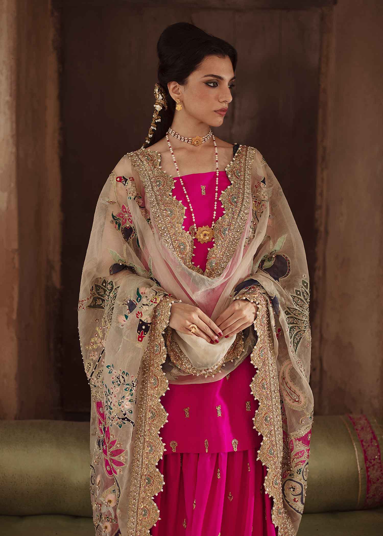 Shocking Pink Embroidered Raw Silk Gharara (3-Piece) - Image 4