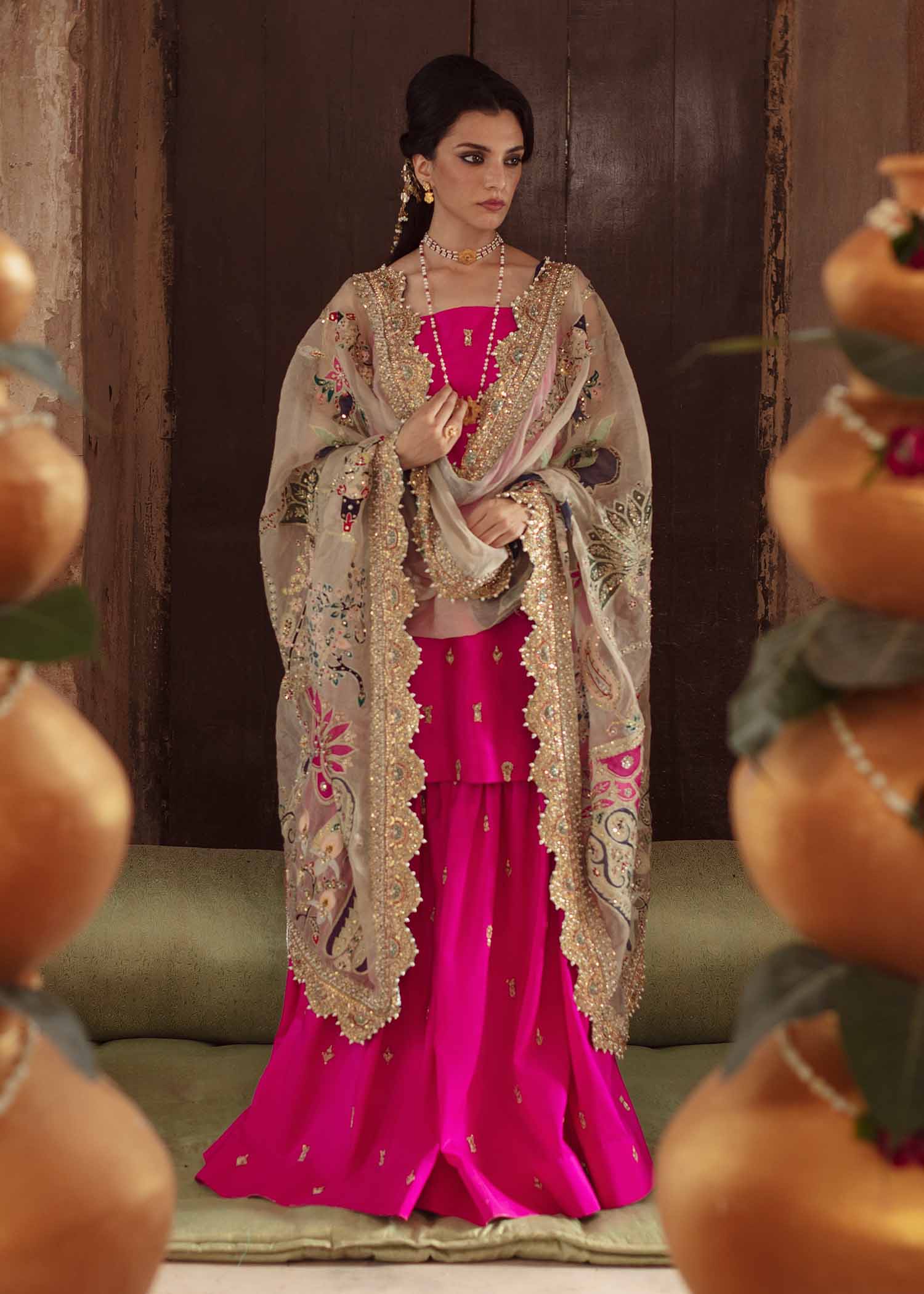 Pakistani Shocking Pink Embroidered Raw Silk Gharara (3-Piece) - Image 2