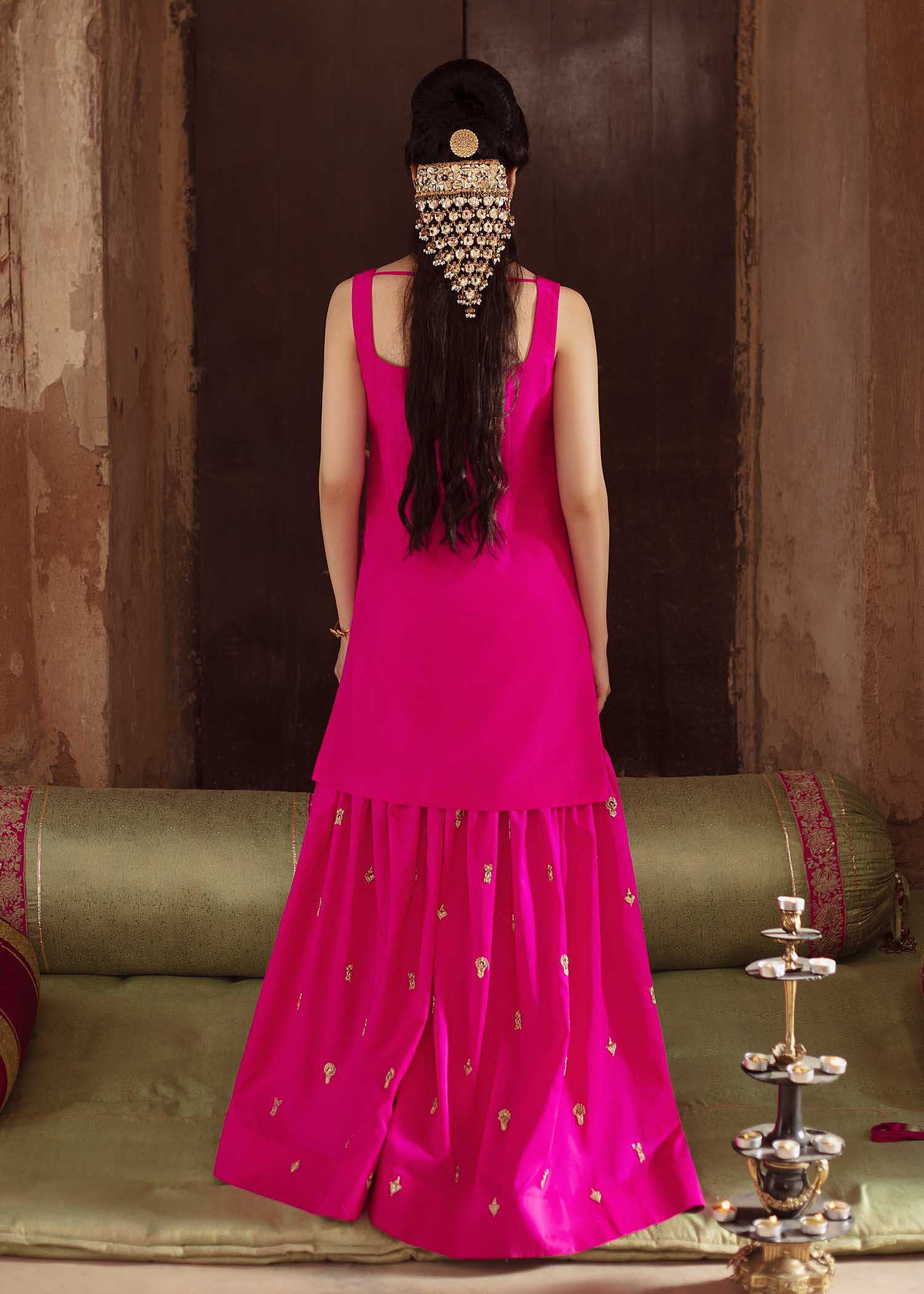 Pakistani Shocking Pink Embroidered Raw Silk Gharara (3-Piece) - Image 3