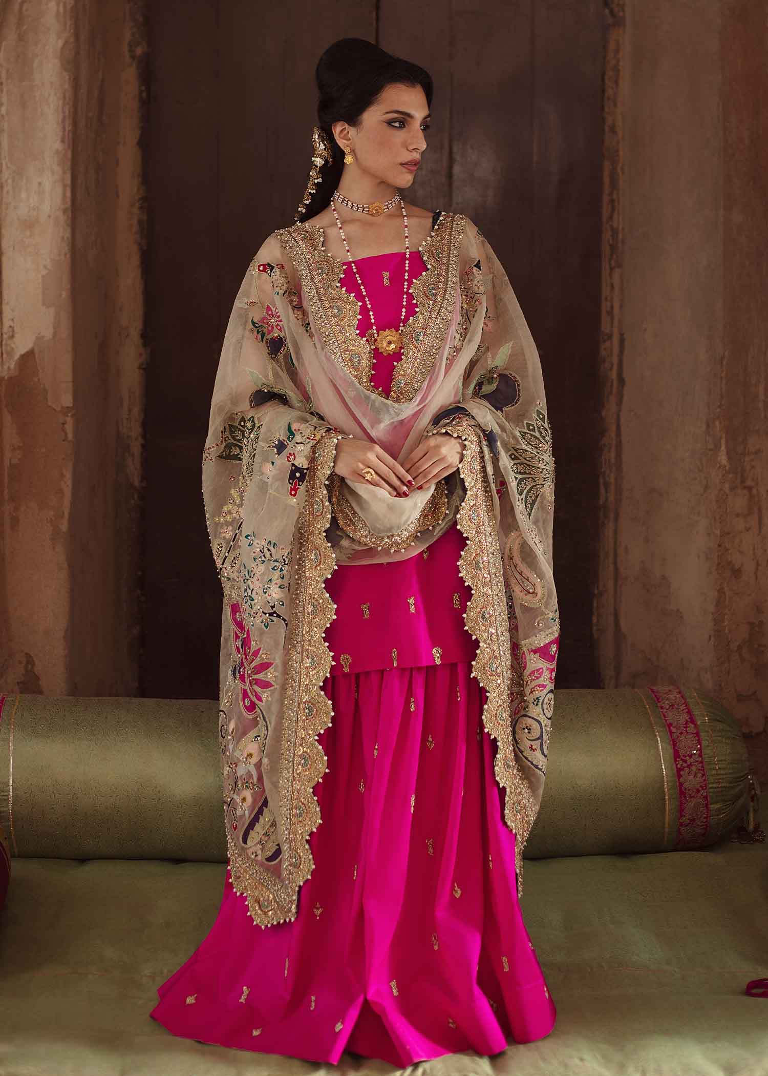 Pakistani Shocking Pink Embroidered Raw Silk Gharara (3-Piece) - Image 5