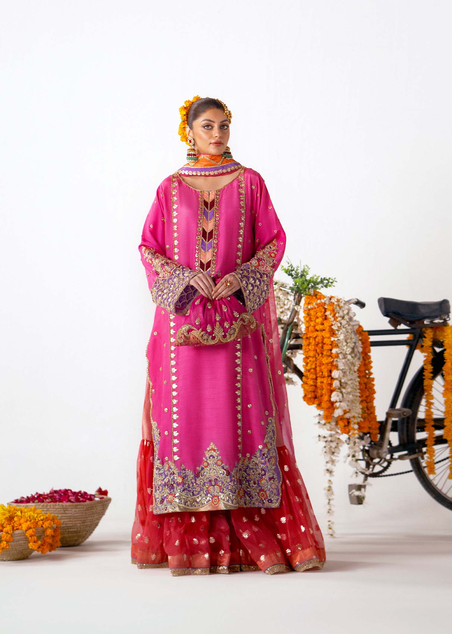 Candy Pink Embroidered Silk Gharara Set (3-Piece) - Image 1