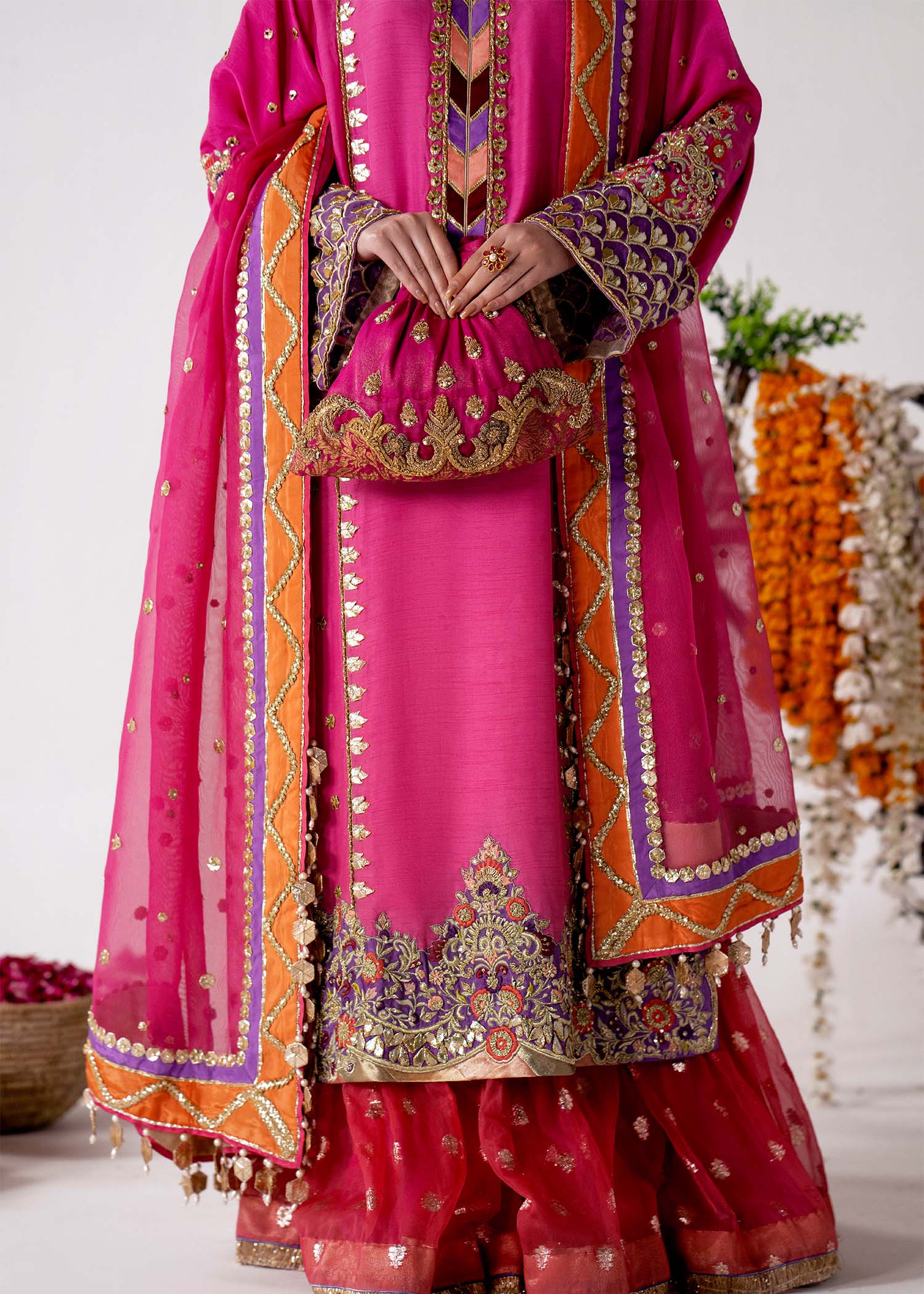 Candy Pink Embroidered Silk Gharara Set (3-Piece) - Image 3