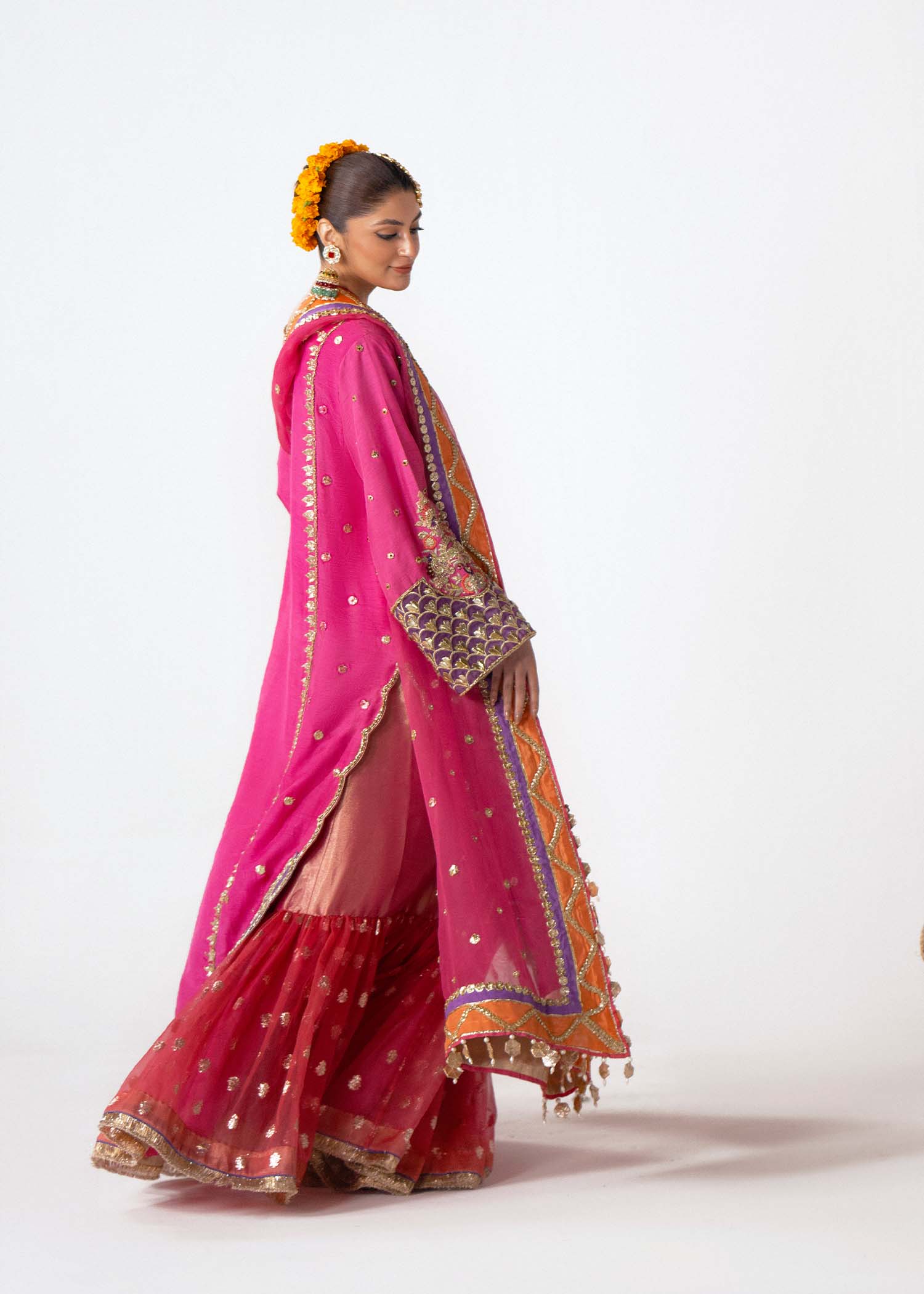 Candy Pink Embroidered Silk Gharara Set (3-Piece) - Image 5
