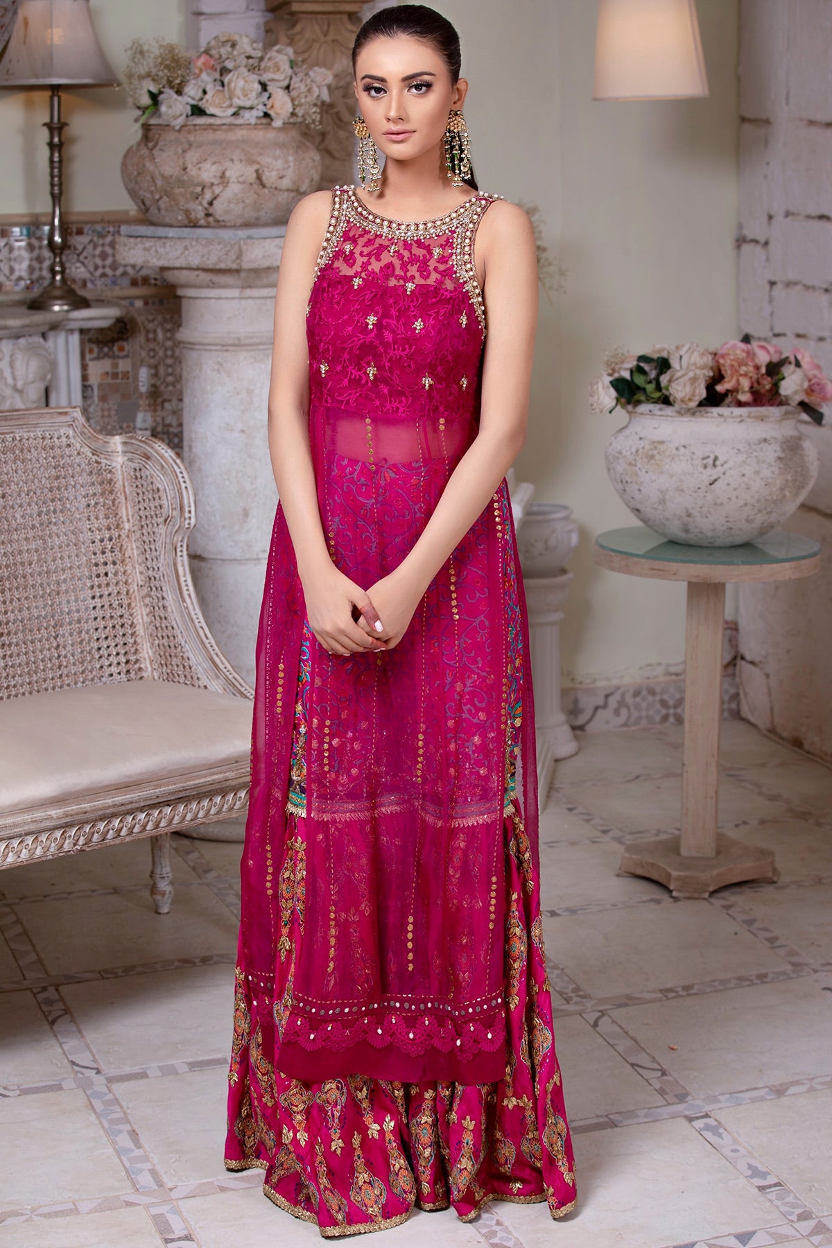 Fuchsia Embellished Raw Silk Gharara Set (2-Piece) - Image 1