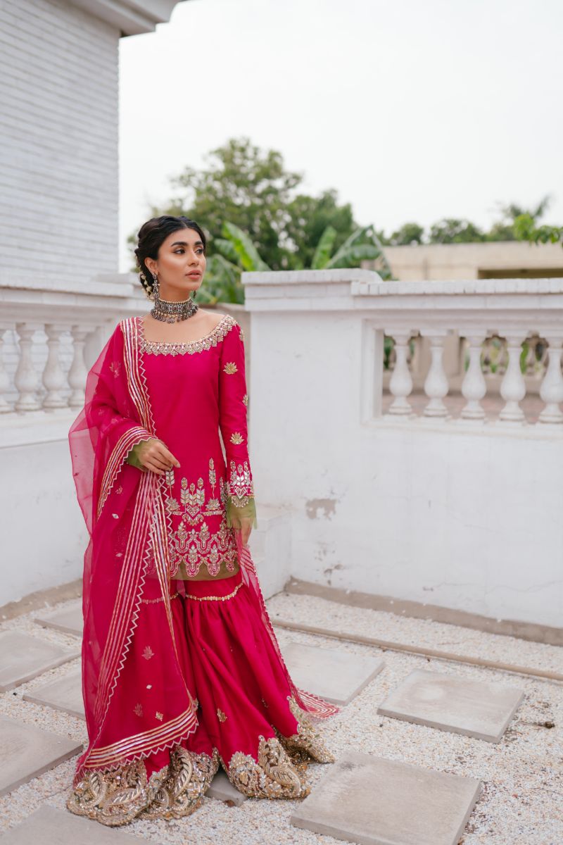 Pakistani Hot Pink Embroidered Raw Silk Gharara Set (3-Piece) - Image 1