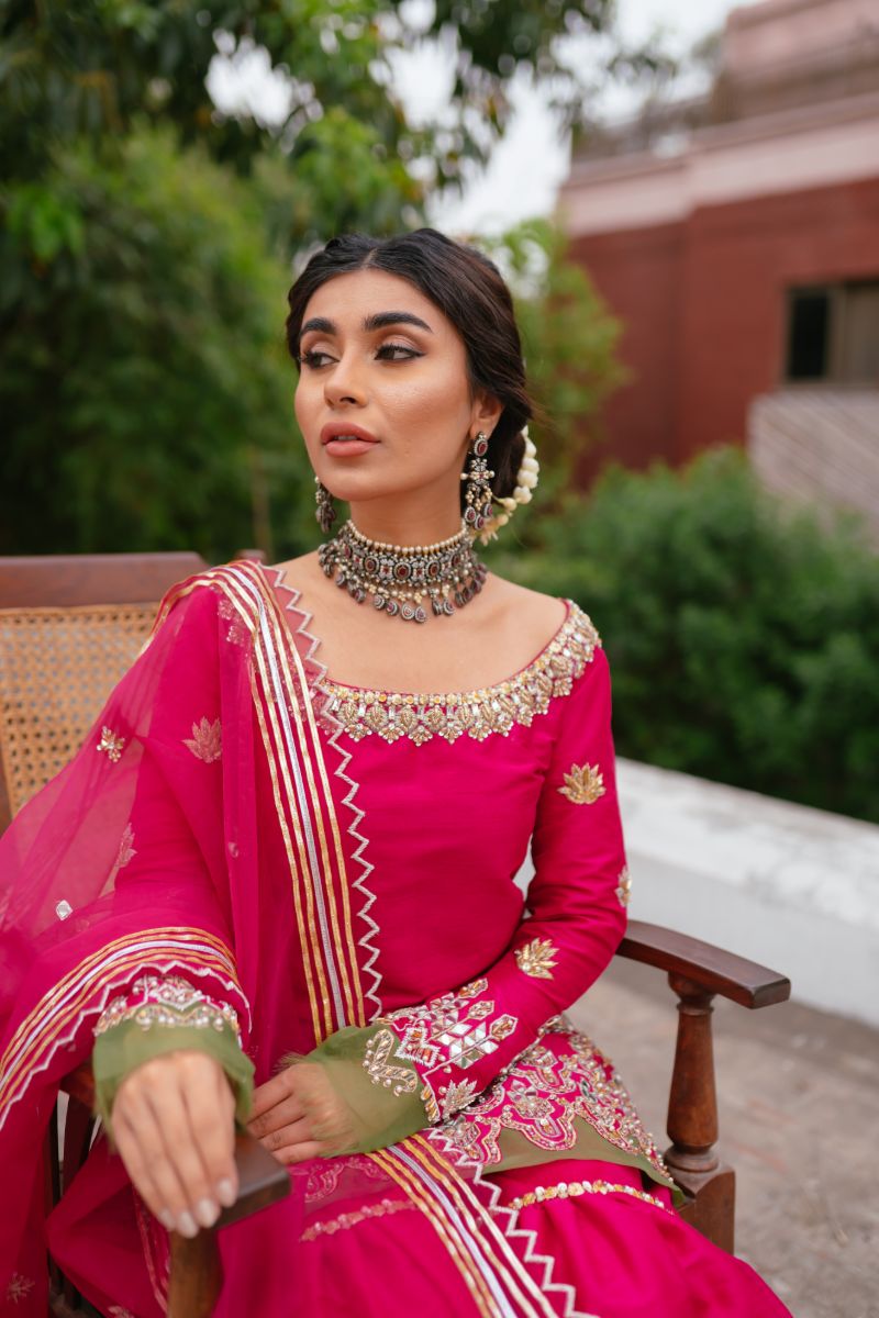 Pakistani Hot Pink Embroidered Raw Silk Gharara Set (3-Piece) - Image 2