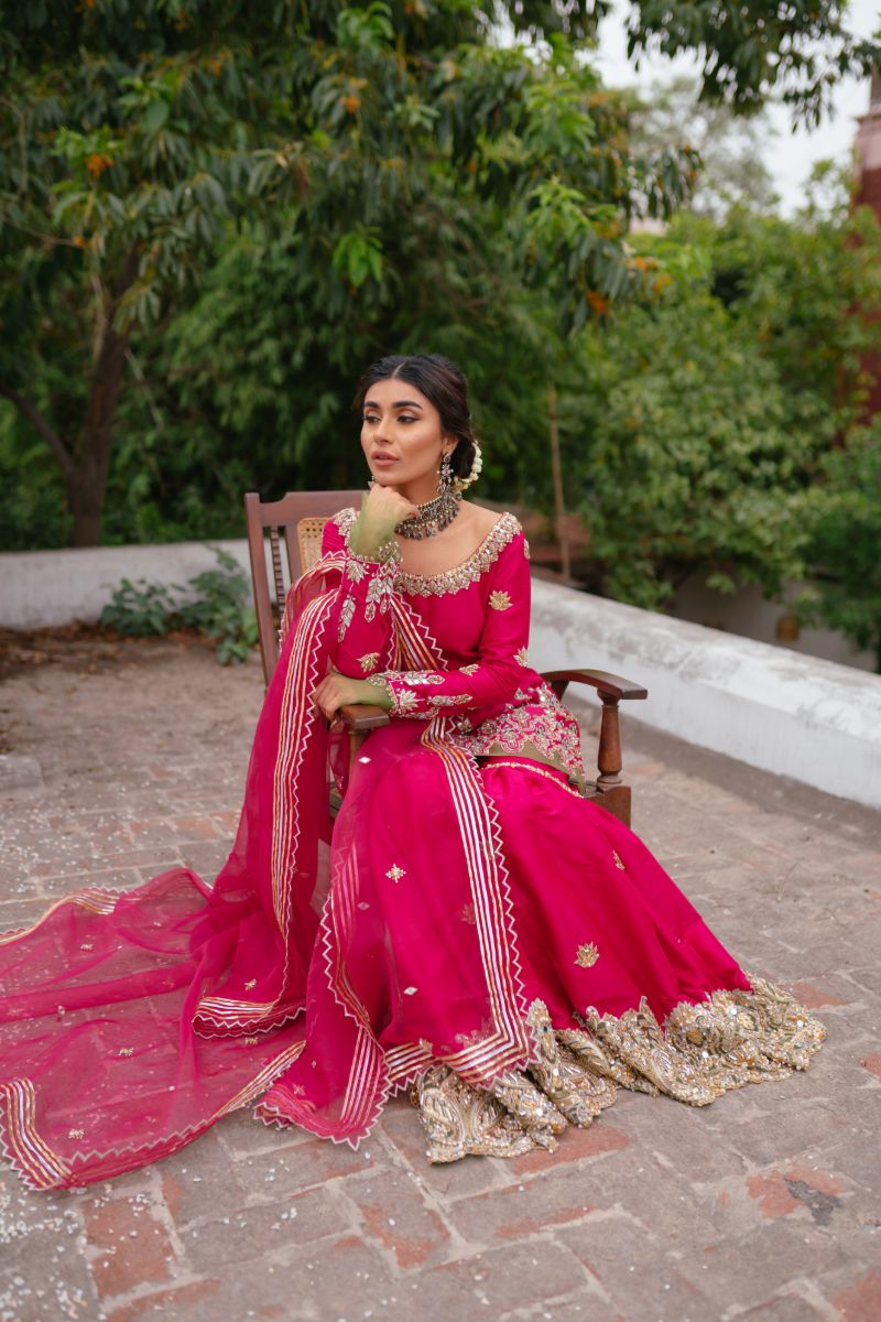 Pakistani Hot Pink Embroidered Raw Silk Gharara Set (3-Piece) - Image 3