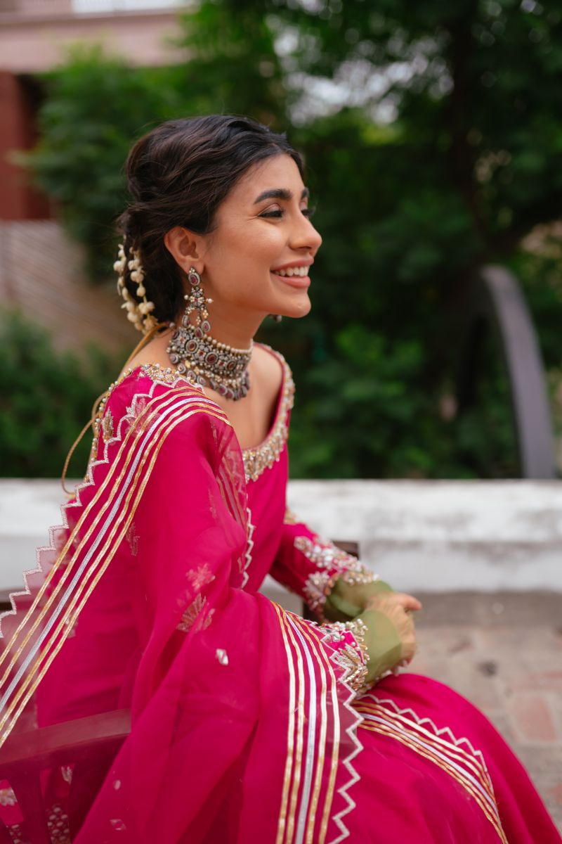 Pakistani Hot Pink Embroidered Raw Silk Gharara Set (3-Piece) - Image 6