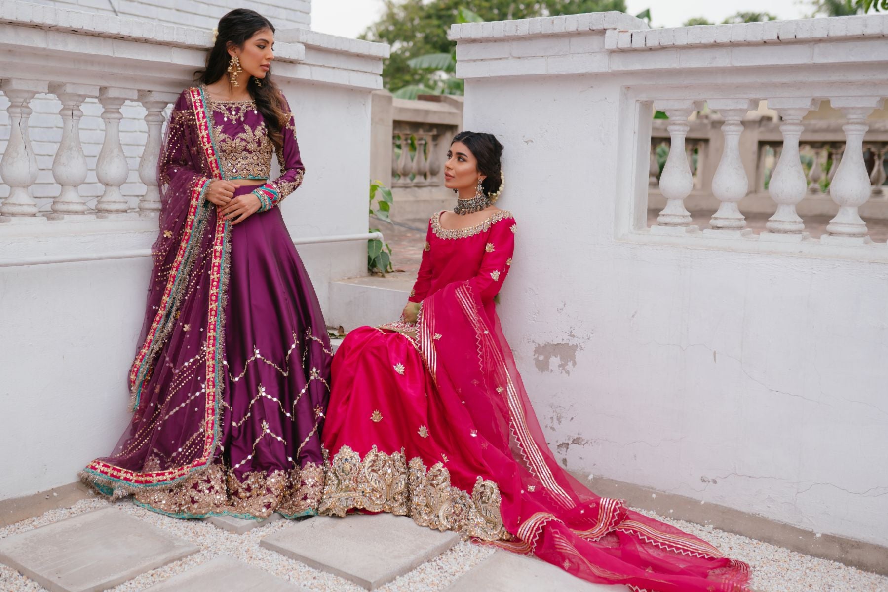 Pakistani Hot Pink Embroidered Raw Silk Gharara Set (3-Piece) - Image 9