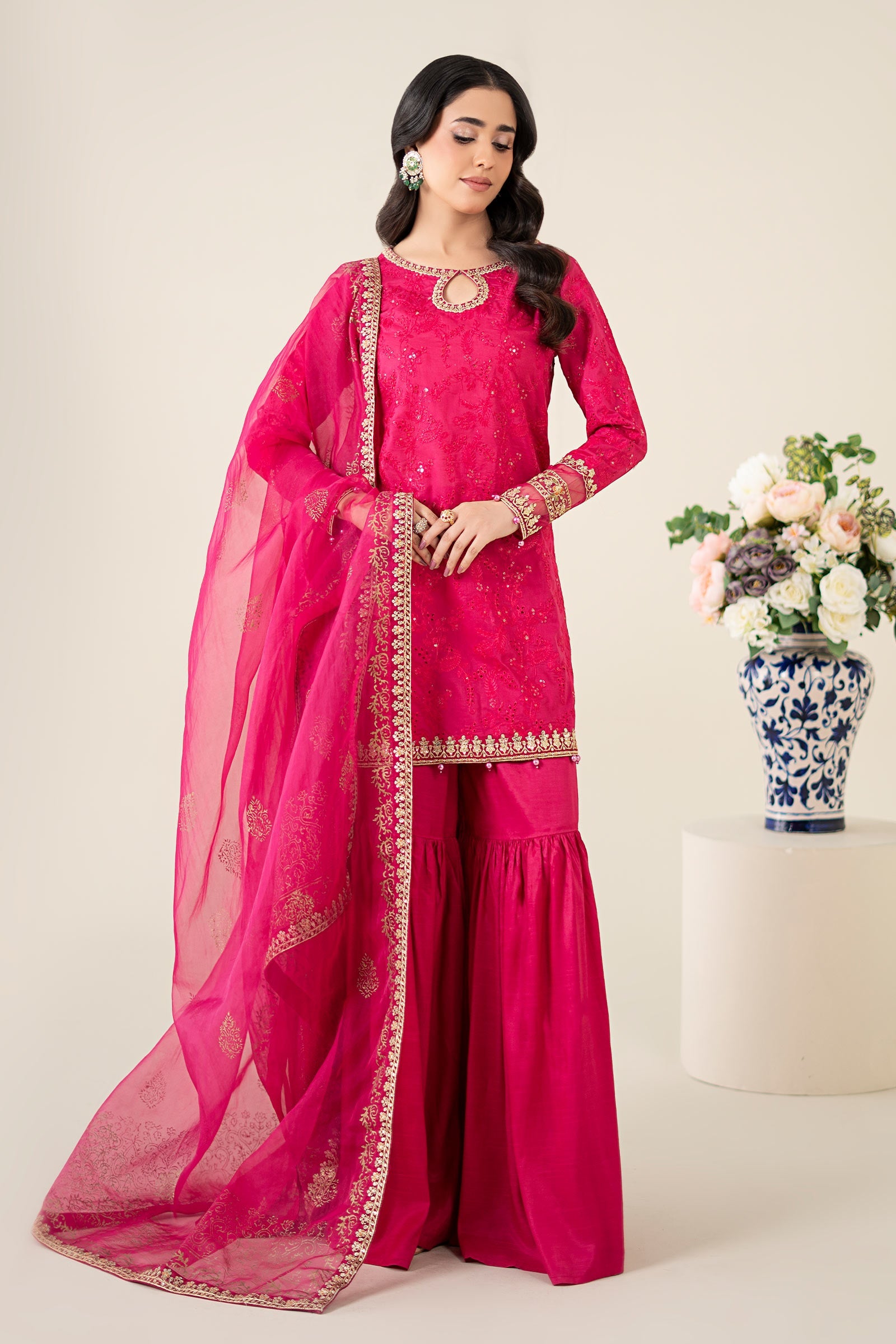 Pink Embroidered Lawn Gharara Set (3-Piece) - Image 1