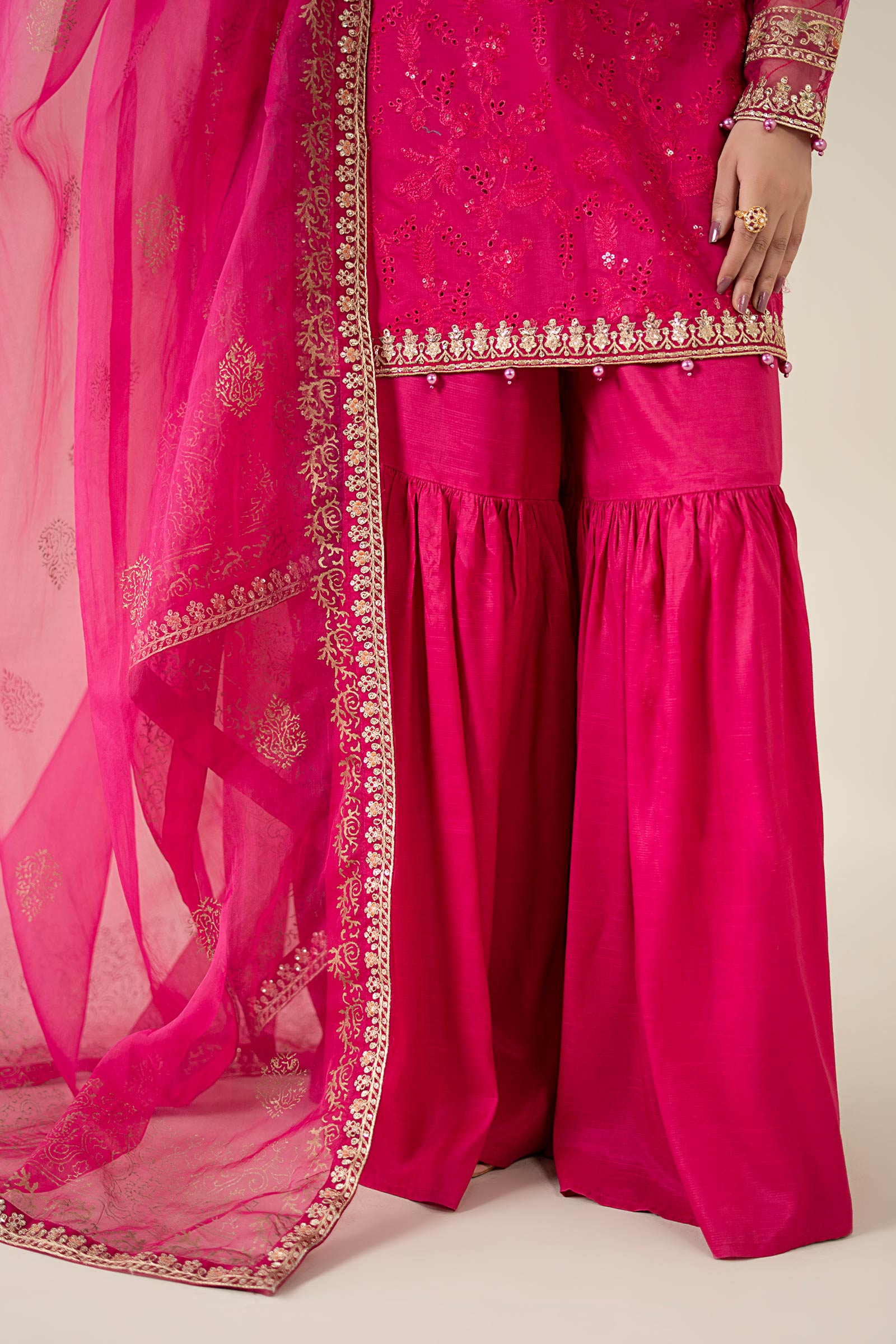 Pink Embroidered Lawn Gharara Set (3-Piece) - Image 3