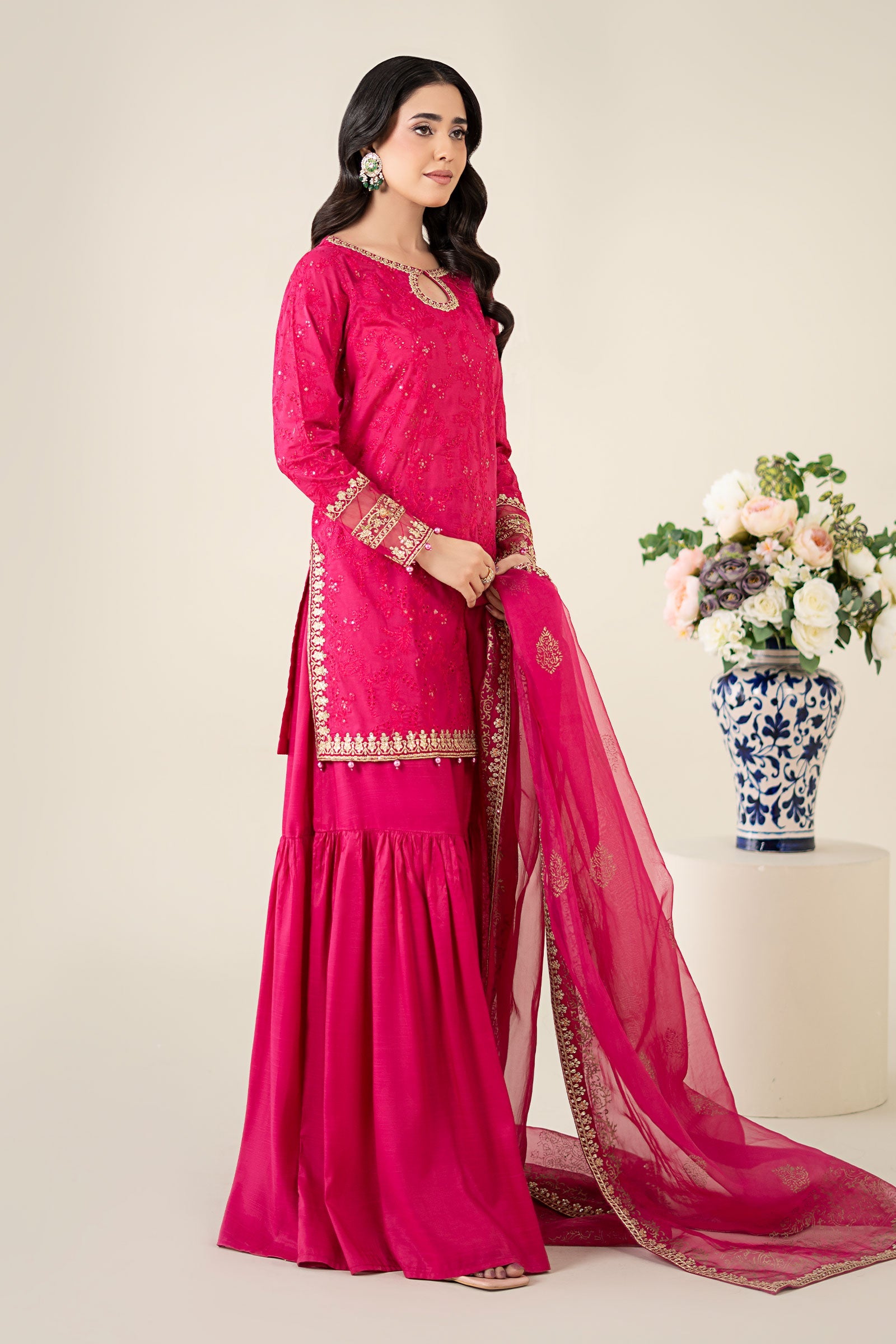 Pink Embroidered Lawn Gharara Set (3-Piece) - Image 4