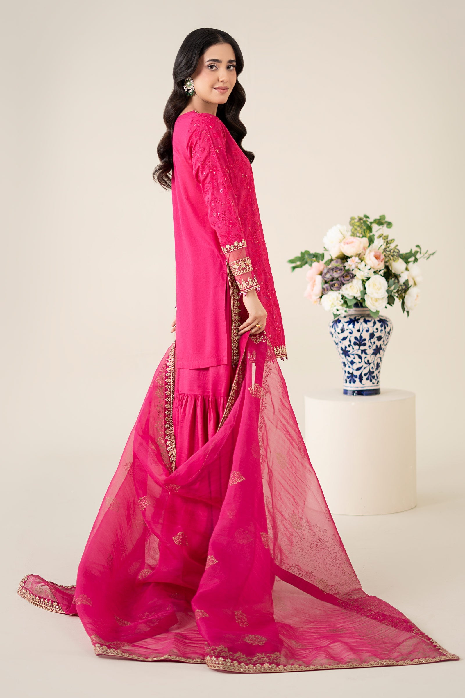 Pink Embroidered Lawn Gharara Set (3-Piece) - Image 5