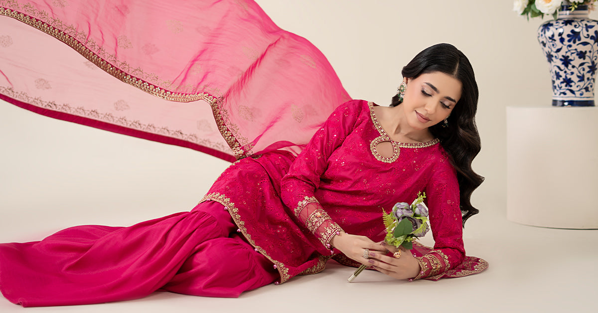 Pink Embroidered Lawn Gharara Set (3-Piece) - Image 6