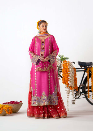 Candy Pink Embroidered Silk Gharara Set (3-Piece) - Image 2