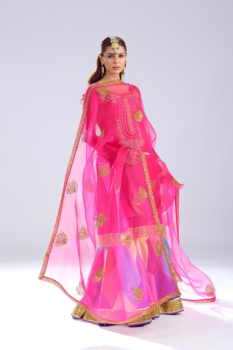 Pakistani Pink Zardozi Raw Silk Gharara Set (3-Piece) - Image 1