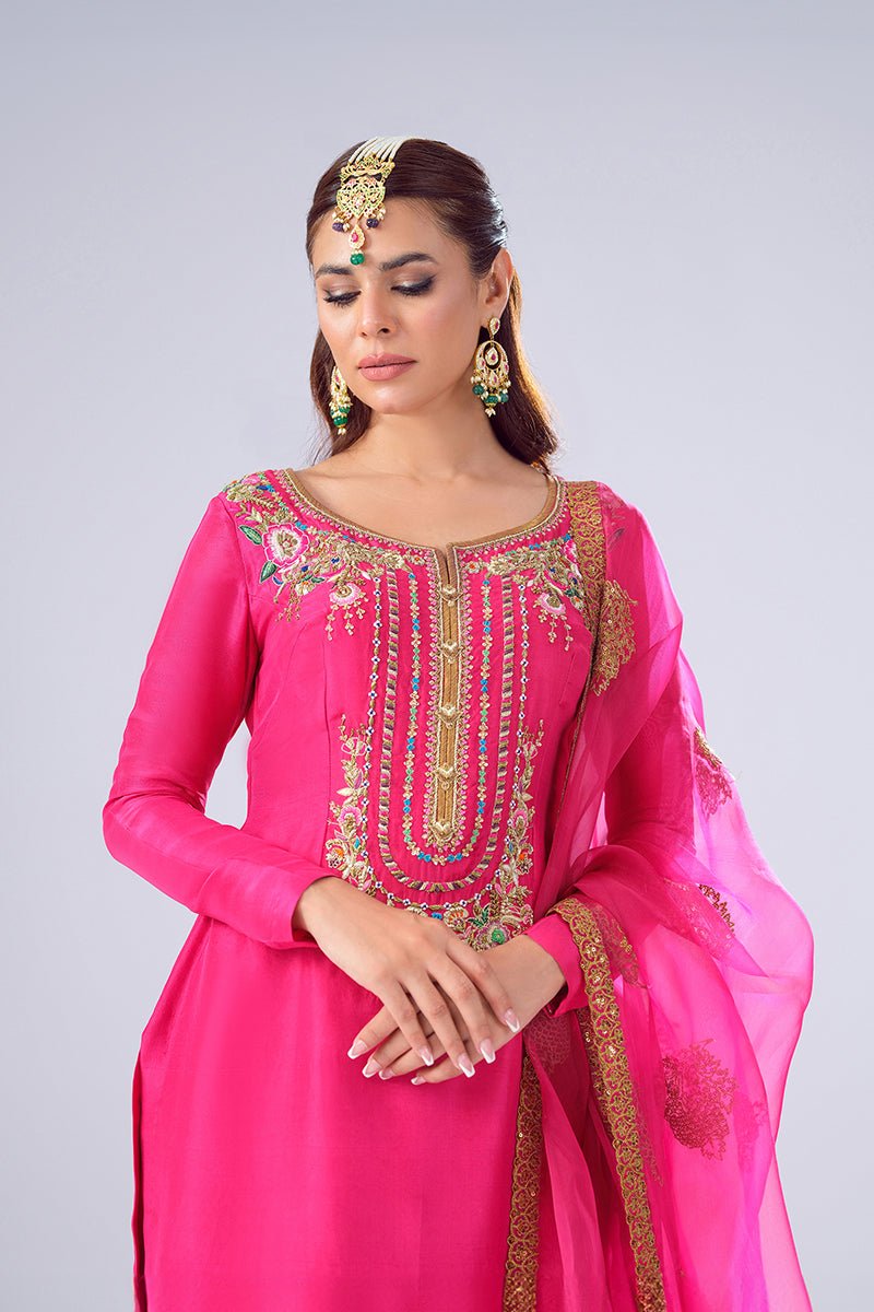 Pakistani Pink Zardozi Raw Silk Gharara Set (3-Piece) - Image 3