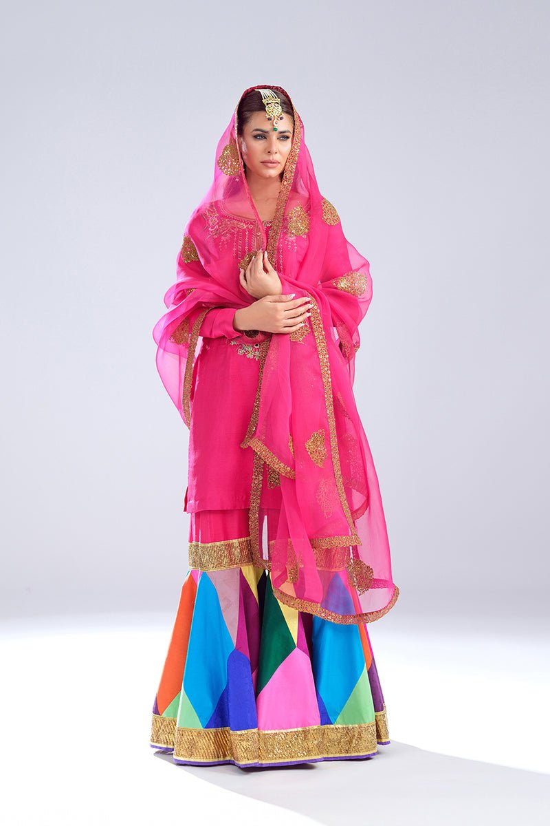 Pakistani Pink Zardozi Raw Silk Gharara Set (3-Piece) - Image 5