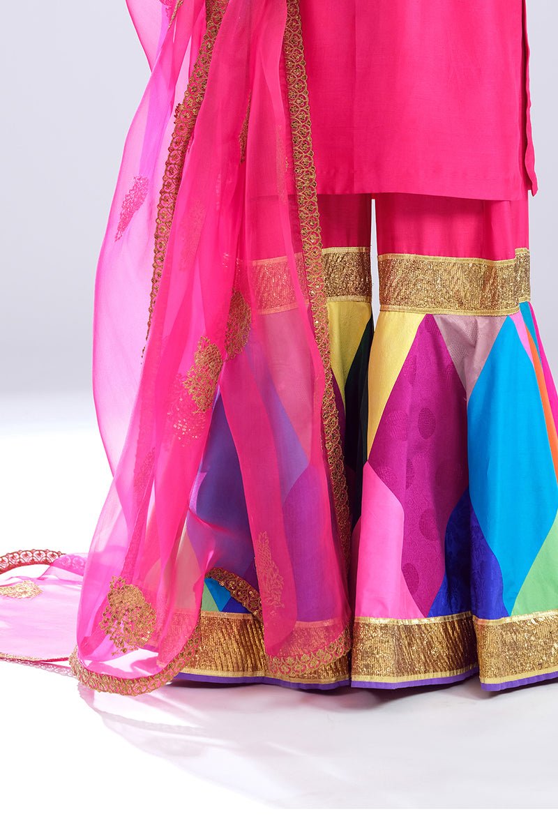 Pakistani Pink Zardozi Raw Silk Gharara Set (3-Piece) - Image 6