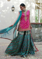 Pakistani Hot Pink Embellished Raw Silk Short Shirt Gharara (3-Piece) - Image 5