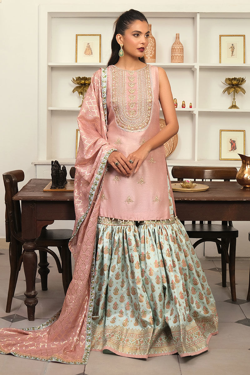 Misty Rose Pink Embroidered Silk-Blend Gharara (3-Piece) - Image 1