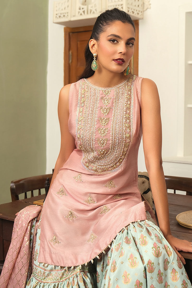 Misty Rose Pink Embroidered Silk-Blend Gharara (3-Piece) - Image 4