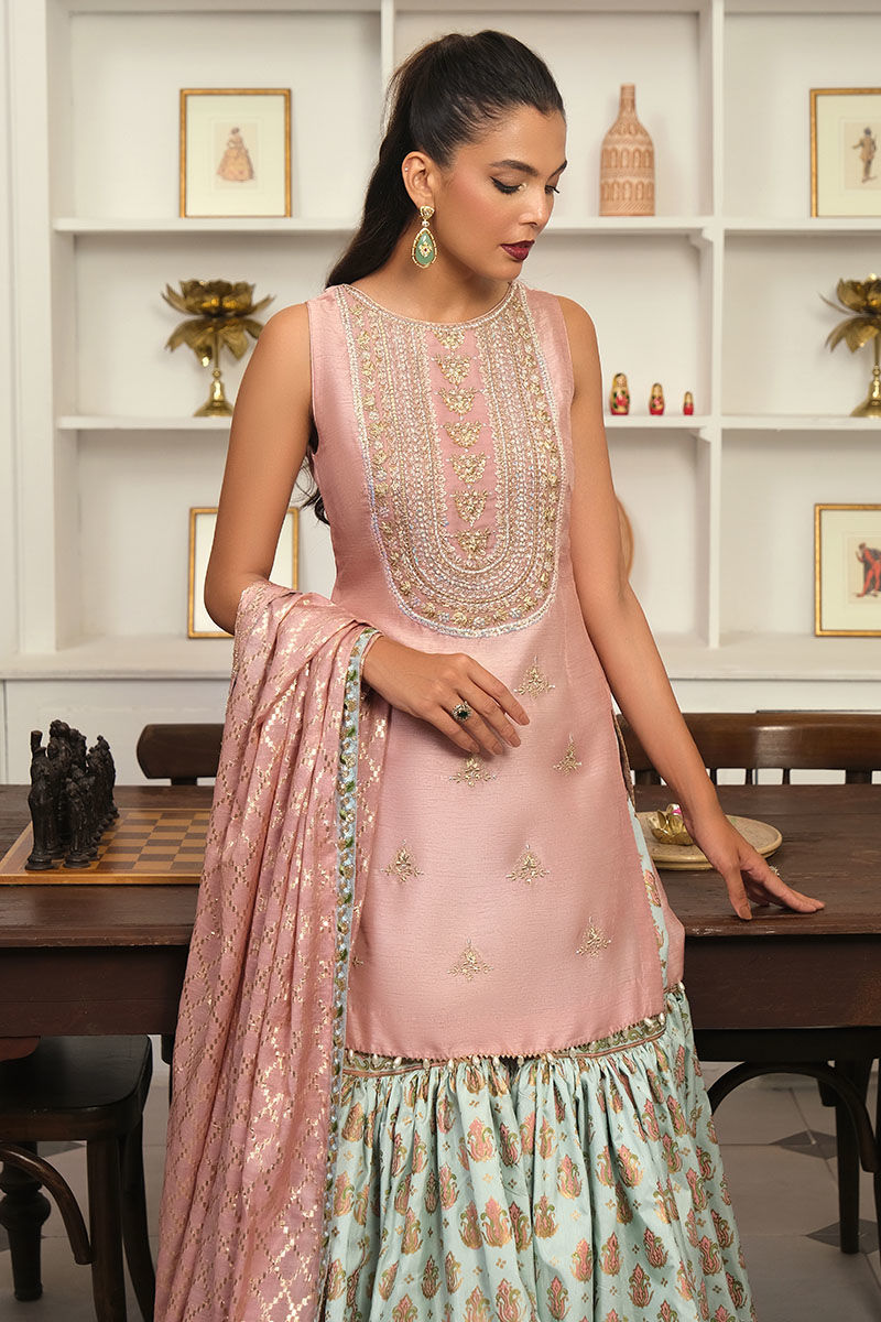 Misty Rose Pink Embroidered Silk-Blend Gharara (3-Piece) - Image 6