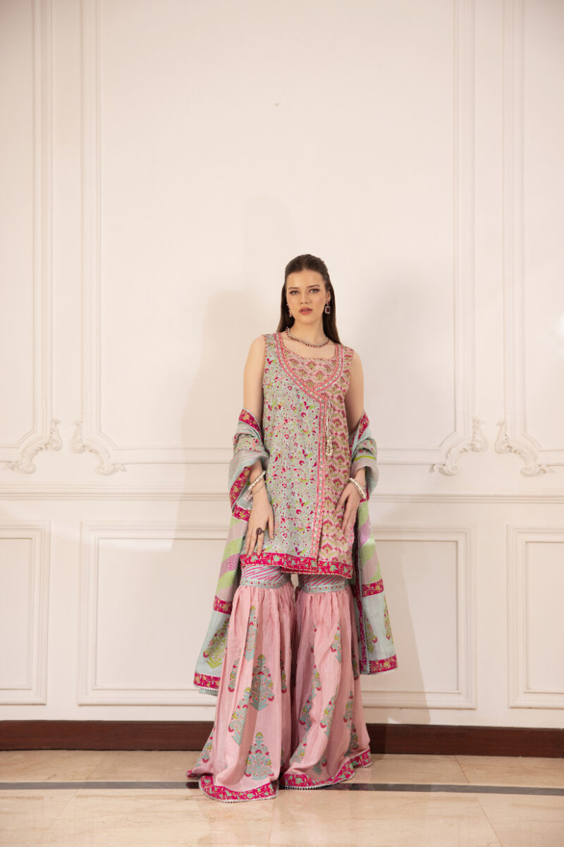Pakistani Pink & Ferozi Block-Printed Silk Angrakha Gharara (3-Piece) - Image 1