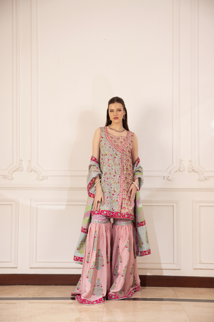 Pakistani Pink & Ferozi Block-Printed Silk Angrakha Gharara (3-Piece) - Image 2
