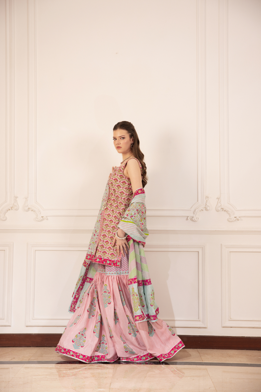 Pakistani Pink & Ferozi Block-Printed Silk Angrakha Gharara (3-Piece) - Image 3