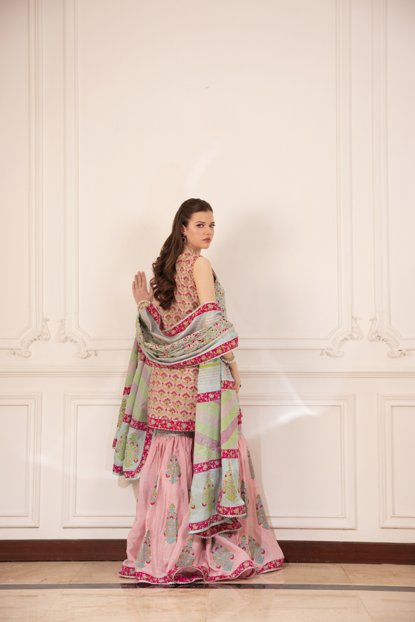 Pakistani Pink & Ferozi Block-Printed Silk Angrakha Gharara (3-Piece) - Image 4