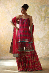 Pakistani Hot Pink Block Printed Silk Gharara (3-Piece) - Image 3