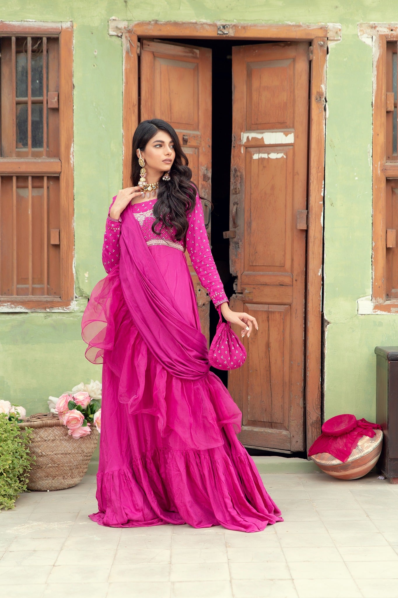 Pakistani Magenta Embroidered Cotton Silk Gown (3-Piece) - Image 1